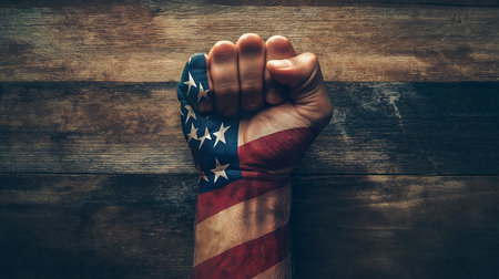 American flag on hand on wooden background.の素材