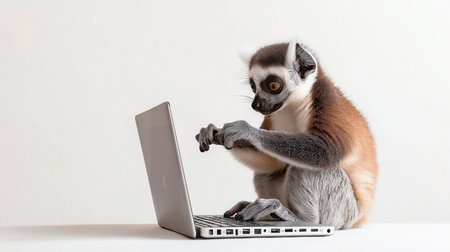 Illustration of a cute lemur in front of a laptopの素材