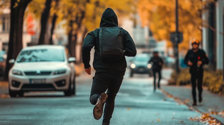 man running in the street in the autumn morning wearing a maskの素材