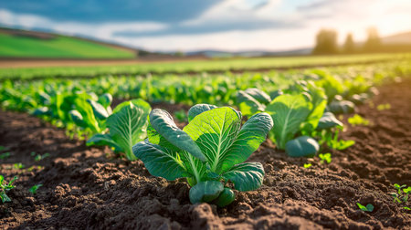 green cabbage in the fieldの素材
