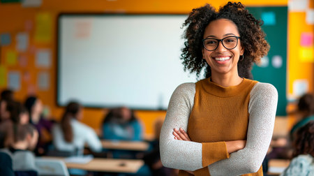 Portrait of a smiling teacher in a classroom.の素材