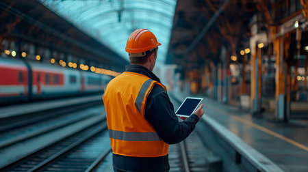 male construction engineer with helmet and tablet working in the construction site.の素材