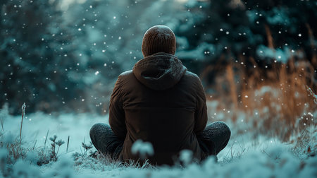 A young man sits in the forest in winterの素材