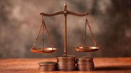 gold coins and scales on the tableの素材