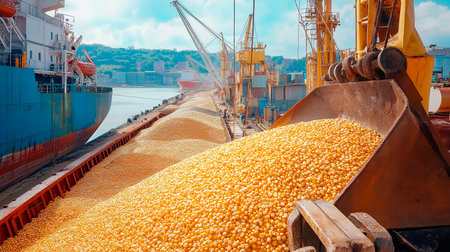 port with a ship in a port with cornの素材