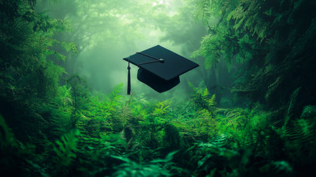 beautiful green landscape with student hatsの素材