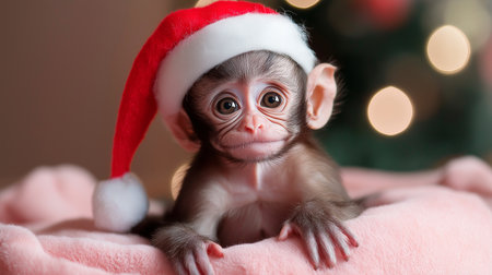 cute monkey in santa claus hatの素材