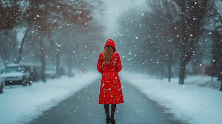 portrait of young beautiful brunette woman in red jacket with hood in winterの素材