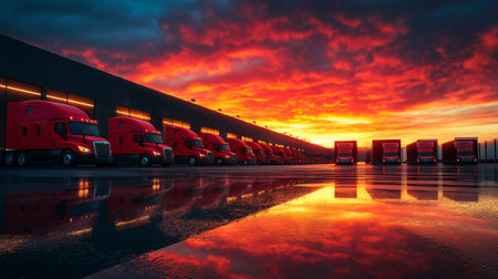 red cargo truck with yellow trucks at the eveningの素材