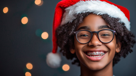 photo portrait of cute girl wearing santa claus glasses smiling isolated vivid red colored background with copyspaceの素材
