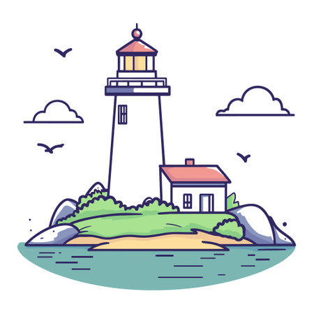 Lighthouse on the island. Vector illustration in a flat style.のイラスト素材