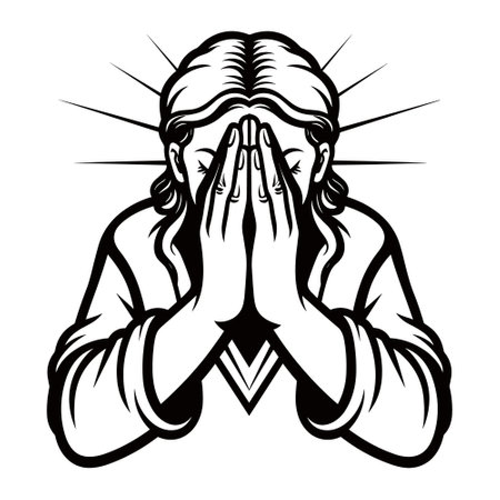 Illustration of a Christian woman praying with hands on her face.のイラスト素材