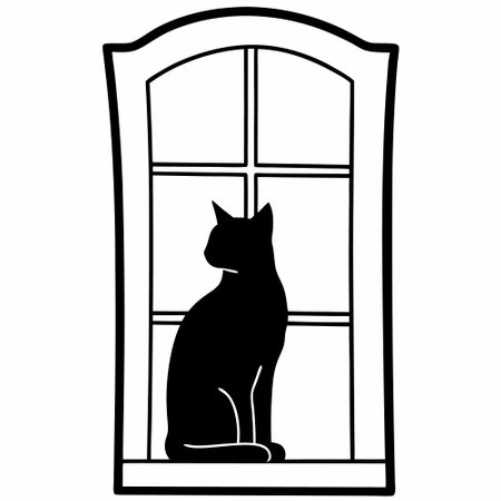 Cat silhouette in the window. Black and white vector illustration isolated on white background.のイラスト素材