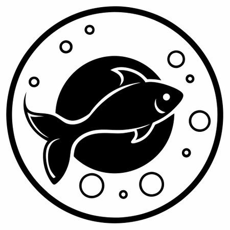 Fish in the circle. Black and white vector illustration isolated on white background.のイラスト素材