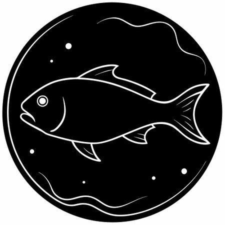 Black and White Cartoon Illustration of a Fish on a Circle Backgroundのイラスト素材