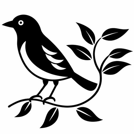 Black and white illustration of a bird on a branch with leaves.のイラスト素材