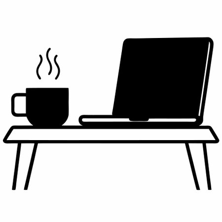 Laptop and cup of coffee on table, black and white vector illustrationのイラスト素材