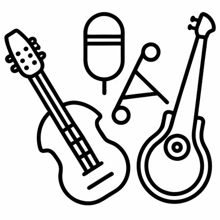 Acoustic guitar, microphone and maracas line icon, outline styleのイラスト素材