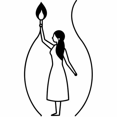 woman holding a burning candle, black and white vector illustration graphic designのイラスト素材