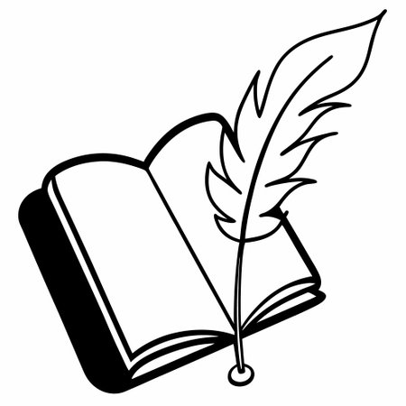 Illustration of an open book with a feather on a white backgroundのイラスト素材
