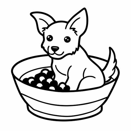 Black and White Cartoon Illustration of a Cute Chihuahua Dog Washing in a Bowlのイラスト素材