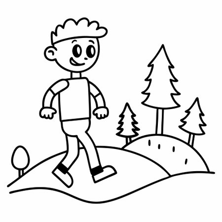 Outline of a boy walking on a trail in the forest.のイラスト素材