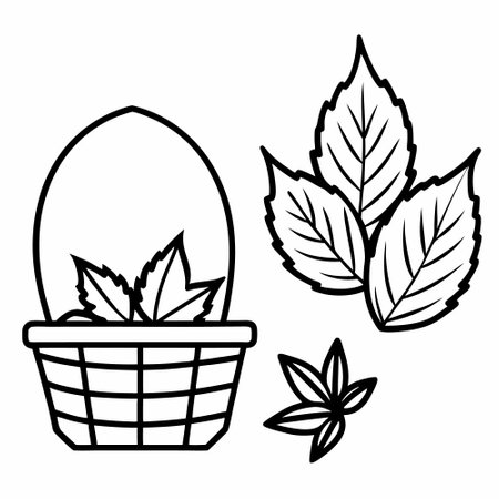 Easter egg and basket with leaves. Outline vector illustration.のイラスト素材
