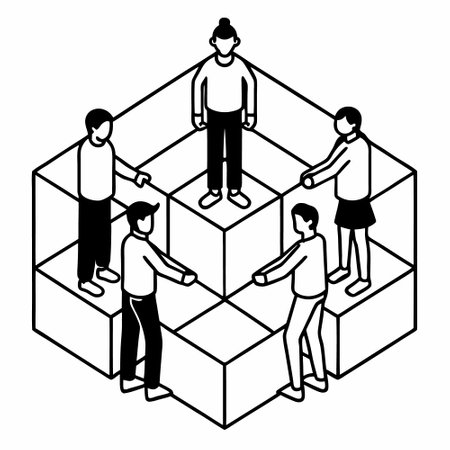 businessmen teamwork with isometric cubes vector illustration black and white designのイラスト素材