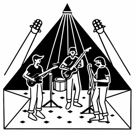 Rock band. Vector illustration in black and white colors on a white background.のイラスト素材