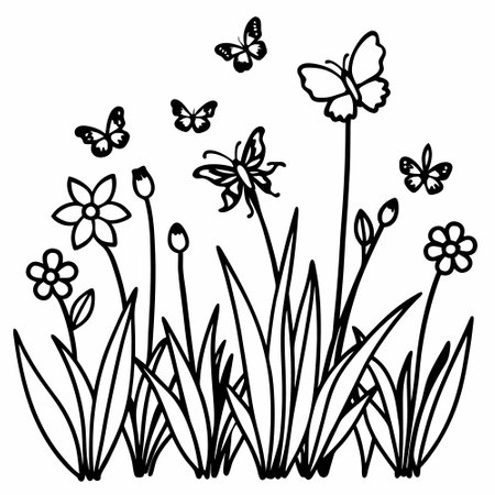 Black and white vector illustration of grass with flowers and butterflies. Isolated on white background.のイラスト素材