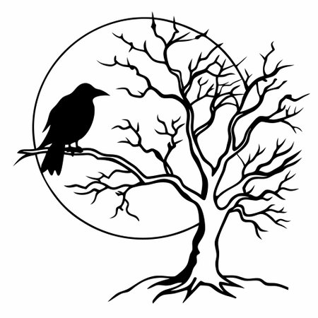 tree and raven on white background, vector illustration, image contains transparencyのイラスト素材