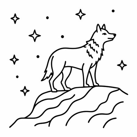 Black and white linear illustration of a wolf on a hill against the background of the starry skyのイラスト素材