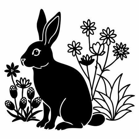 Rabbit and flowers, black and white vector illustration isolated on white backgroundのイラスト素材