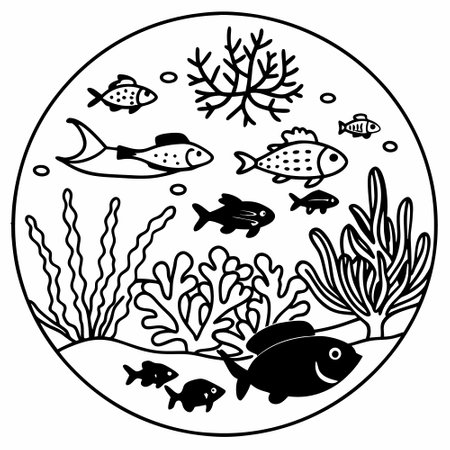 Underwater world with fish and seaweed. Vector illustration in outline style.のイラスト素材