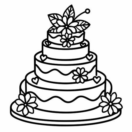 wedding cake with flowers icon cartoon black and white vector illustration graphic designのイラスト素材