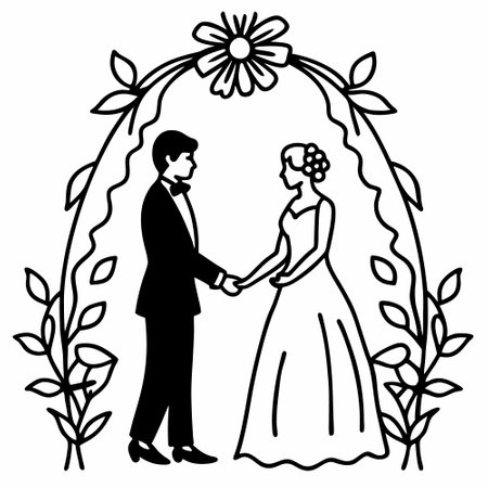 Wedding couple in floral frame. Black and white illustration.のイラスト素材