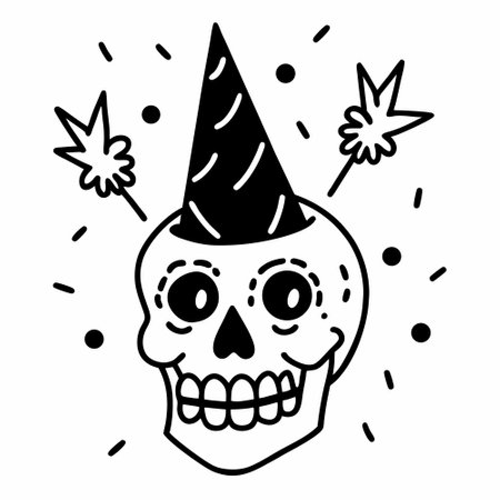 tattoo in black line style of a skull with party hatのイラスト素材