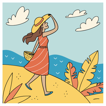 Girl in a straw hat walks on the beach. Vector illustration.のイラスト素材