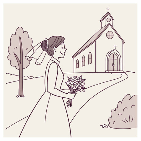 Wedding invitation card with bride and church. Vector illustration.のイラスト素材