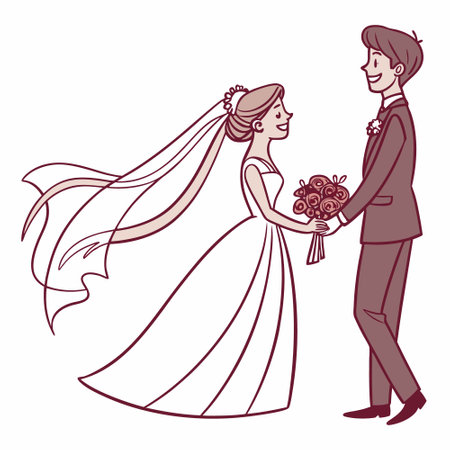 Wedding couple. Bride and groom in wedding dress. Vector illustrationのイラスト素材