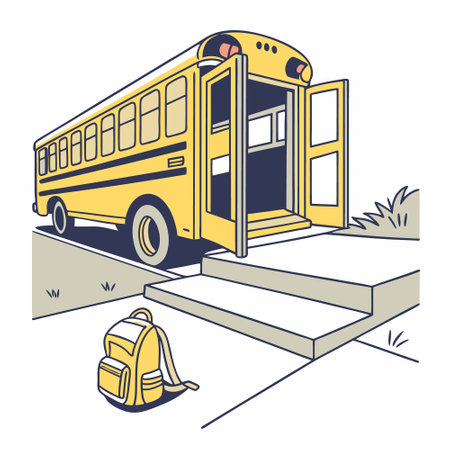School bus and backpack on the road. Vector illustration in cartoon style.