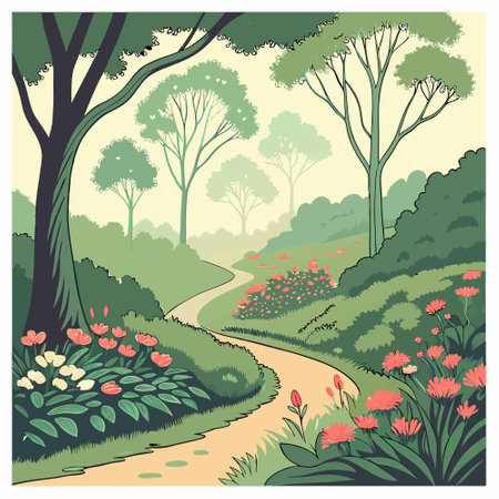 Tulips and path in the park. Vector illustration in retro style.のイラスト素材