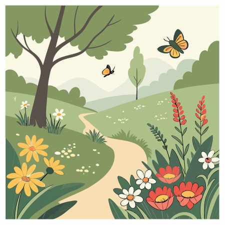 Spring landscape with flowers and butterflies. Vector illustration in flat style.のイラスト素材