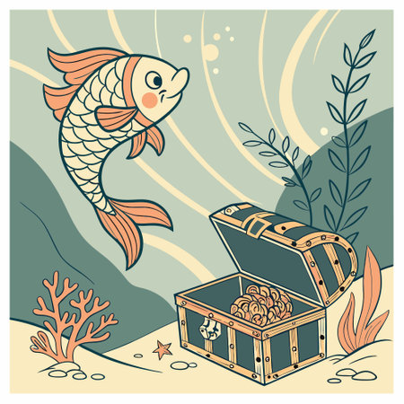 Illustration of a fish in a treasure chest. Vector illustration.のイラスト素材