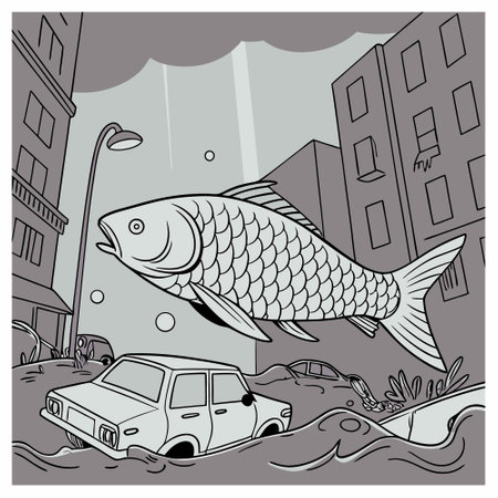 Car and fish in the city. Vector illustration. Black and white.のイラスト素材