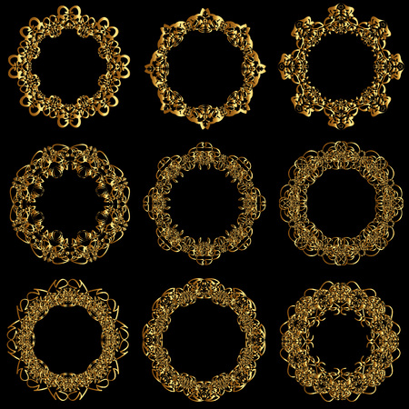 A set of gold frames. Gold menu and invitation border, frame, divider, page decor. Luxury style calligraphic.のイラスト素材