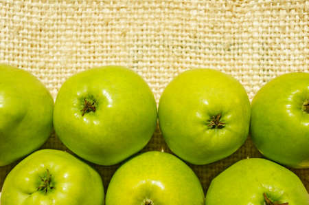 Green apples close-up on a fabric background in the rays of sunlightの写真素材