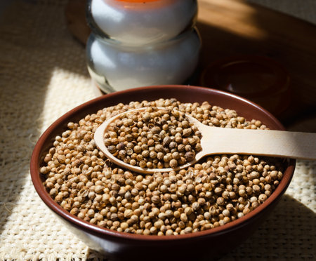 Coriander grains in a ceramic bowl. Cilantro seeds. Eastern spices.