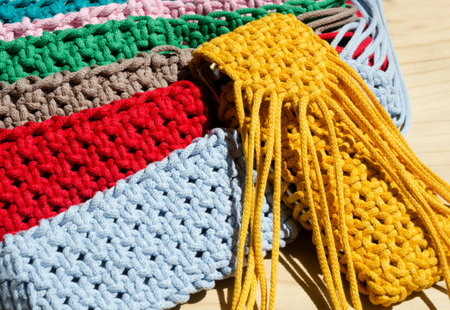 Small handbags knitted with macrame technique. Multicolored mobile phone bags.の写真素材