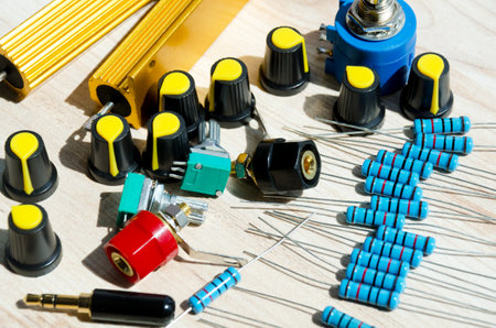 Radio components for electronic equipment repair, regulators, resistors, connectors. Home workshopの写真素材